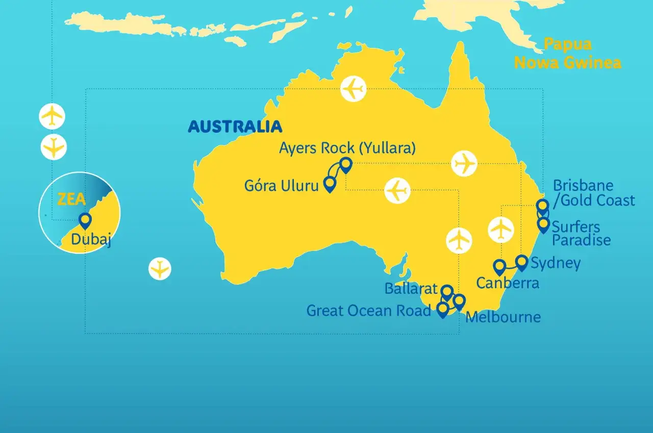 Mapa Australii z zaznaczonymi lotniskami, trasami lotów i miastami, w tym Dubaj.