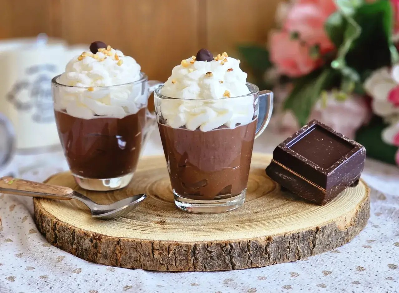 Due bicchierini di cremoso budino al cacao, guarniti con panna montata, nocciole e un chicco di caffè. Accanto, un pezzo di cioccolato fondente.