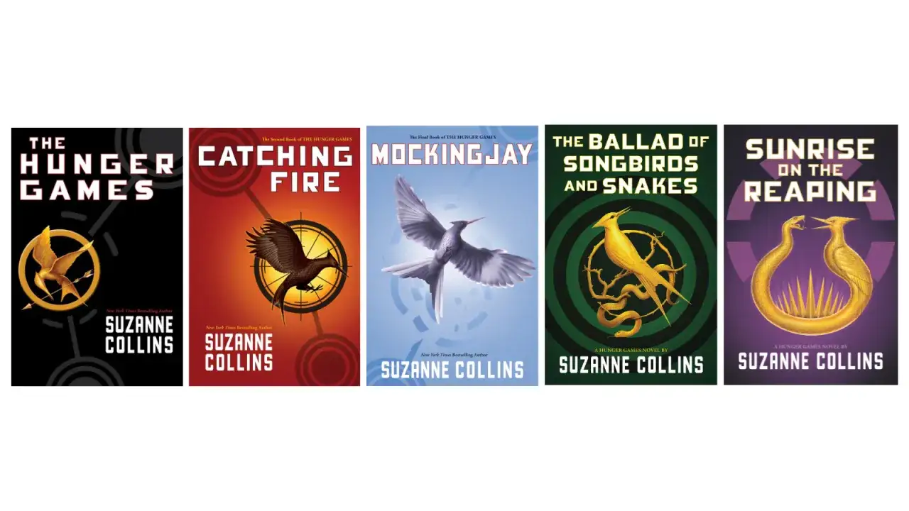 Copertine dei libri di Hunger Games: The Hunger Games, Catching Fire, Mockingjay, The Ballad of Songbirds and Snakes e Sunrise on the Reaping.
