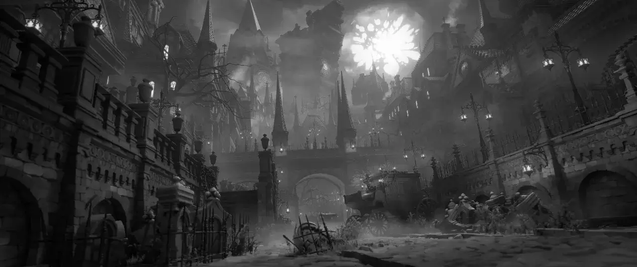 Mroczne, mgliste ulice Yharnam, z gotycką architekturą, latarniami i księżycem w pełni.