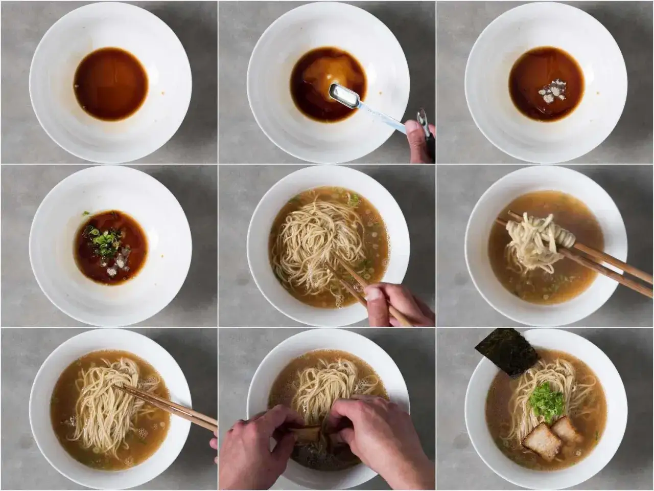 Przygotowanie shoyu ramen: dodawanie składników do bulionu, wrzucanie makaronu, dodawanie dodatków.