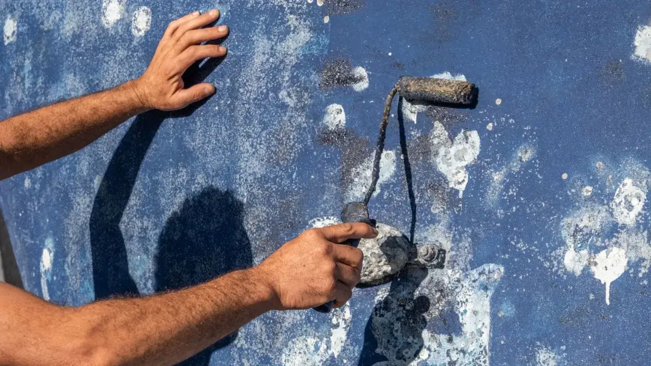 Application d'une nouvelle couche de peinture sur le carenage d'un voilier. Les mains d'une personne utilisent un rouleau pour recouvrir la coque bleue usée.