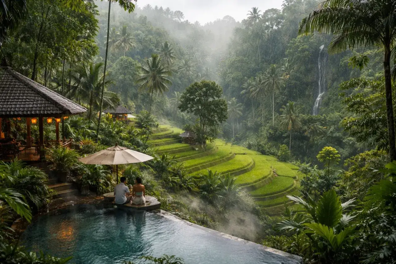 Ein Paar genie&szlig;t die Regenzeit auf Bali am Pool mit Blick auf gr&uuml;ne Reisterrassen und einen Wasserfall.