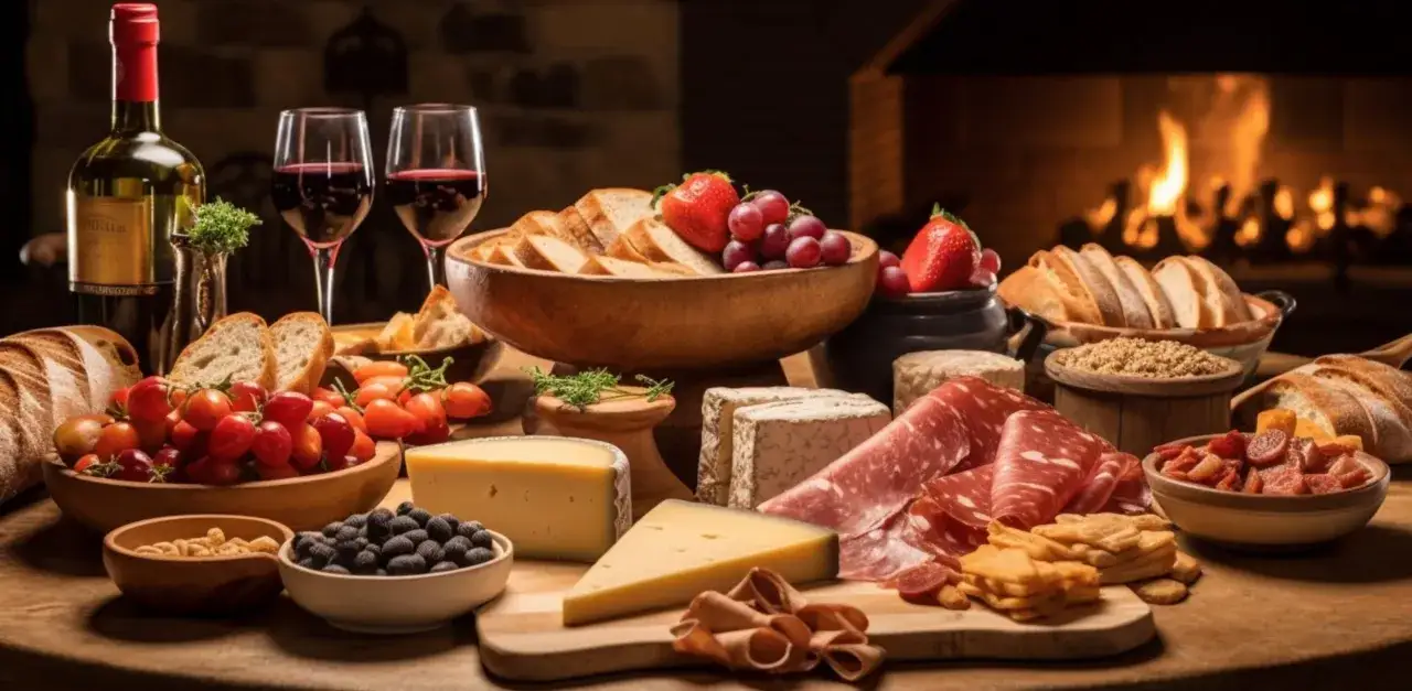 Un vin rouge raclette, avec fromages, charcuterie, fruits et pain, devant une cheminée.