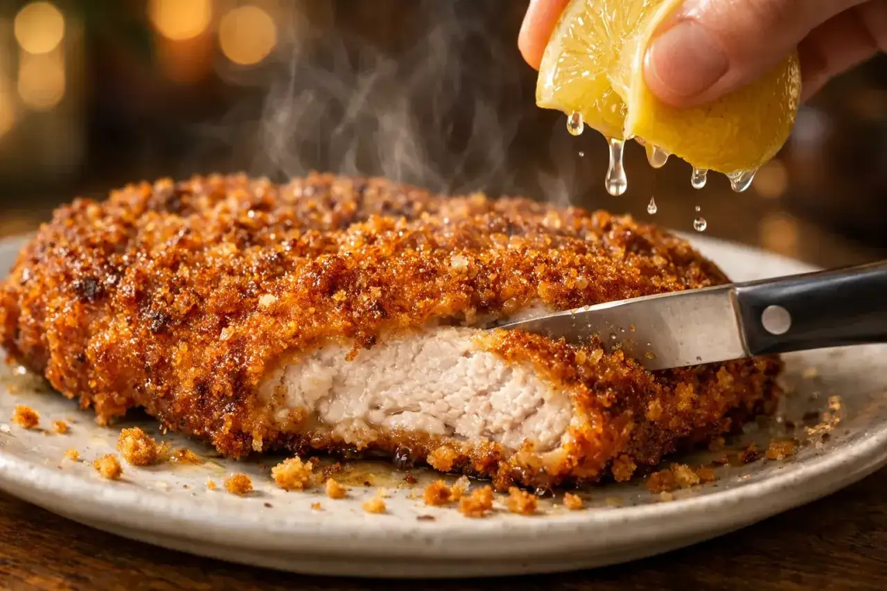 Escalope milanaise dor&eacute;e &agrave; la po&ecirc;le, arros&eacute;e de jus de citron frais. Le temps de cuisson parfait pour une viande tendre et une panure croustillante.