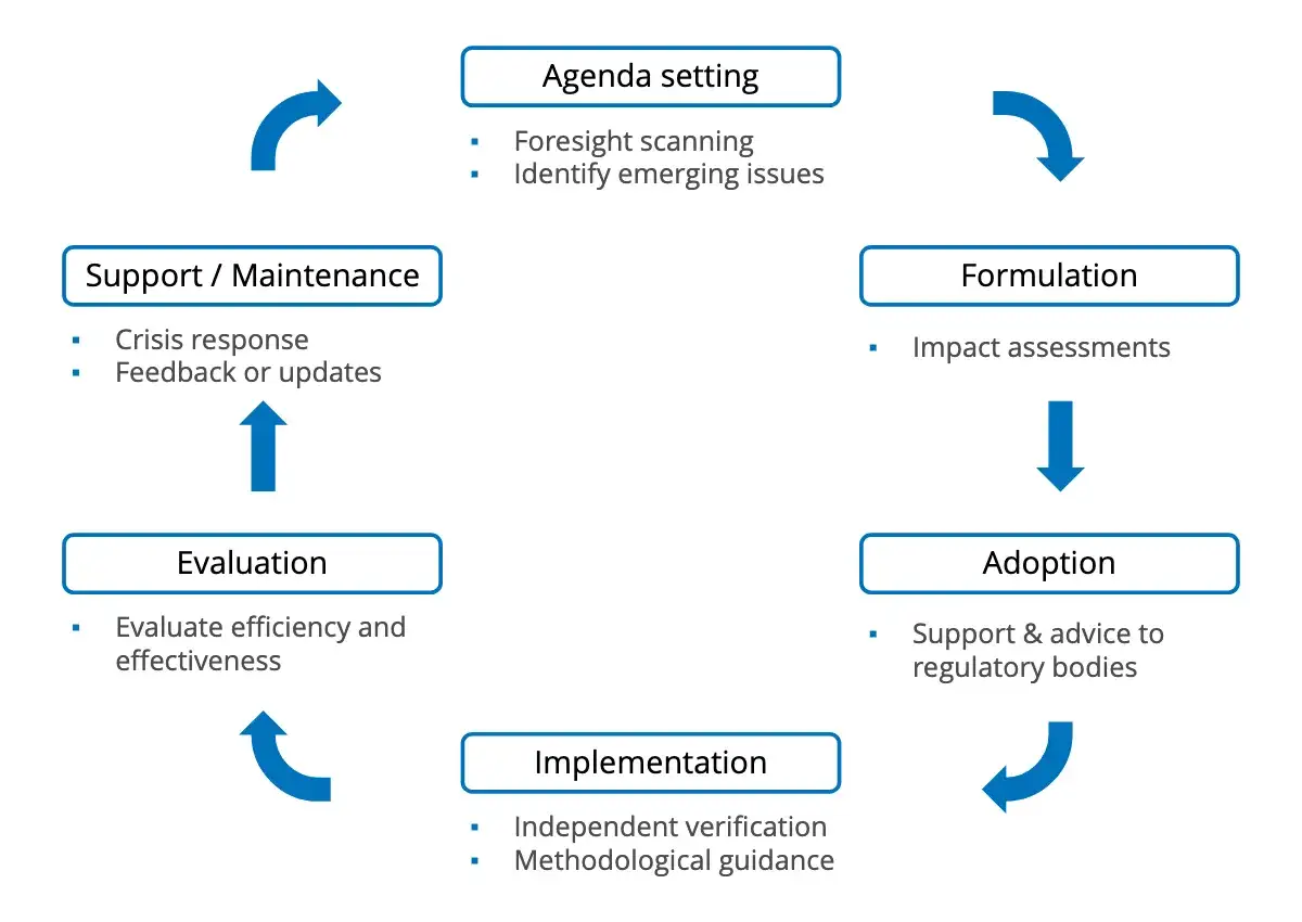 Diagram shows the policy cycle: agenda setting, formulation, adoption, implementation, evaluation, and support/maintenance, illustrating how to create and execute public policy and laws.