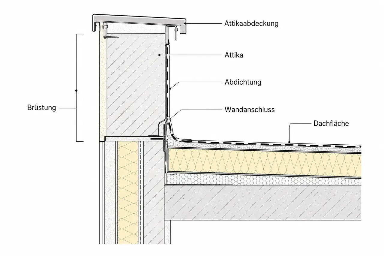 Detailansicht einer Attika mit Abdichtung und Wandanschluss an der Dachfläche. Die Brüstung ist ebenfalls dargestellt.