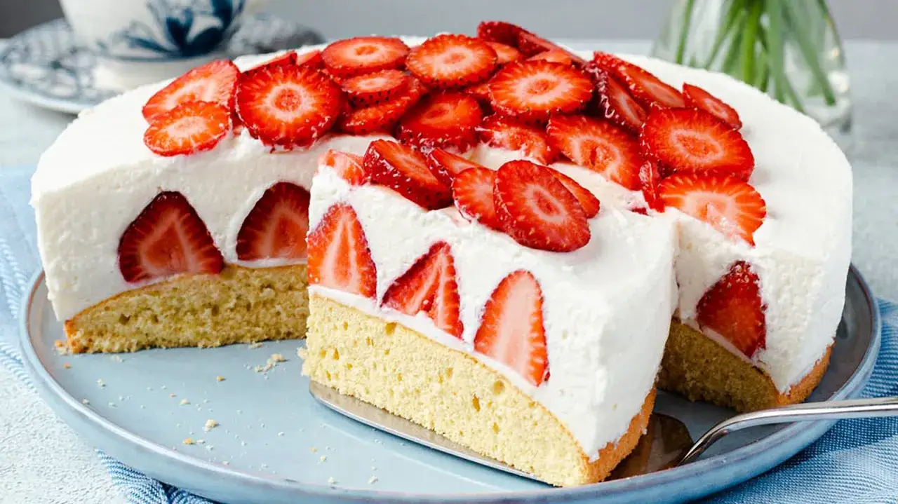 Ein saftiger Erdbeerkuchen mit Quark und frischen Erdbeeren, perfekt für den Sommer.
