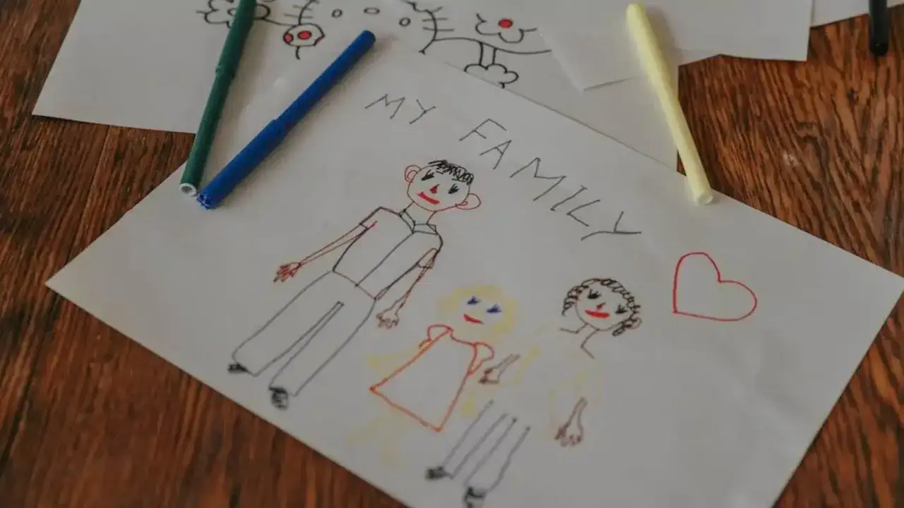 Disegni psicologia test bambini: un disegno di famiglia colorato, con pennarelli verdi, blu e gialli.