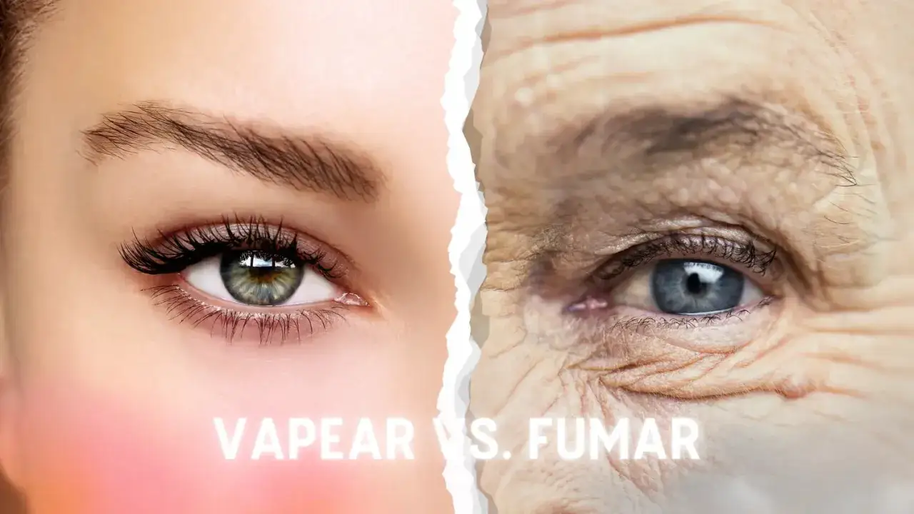 Ojo joven y piel tersa a la izquierda, ojo envejecido y arrugado a la derecha. Comparación visual entre vaper o cigarro y sus efectos en la piel.