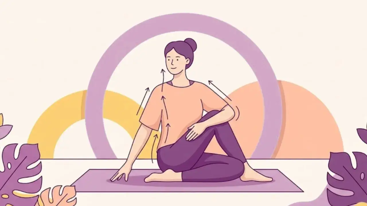 Frau in Yoga-Pose dreht den Oberkörper, um Lendenwirbel Schmerzen zu lindern. Pfeile zeigen die Bewegung.