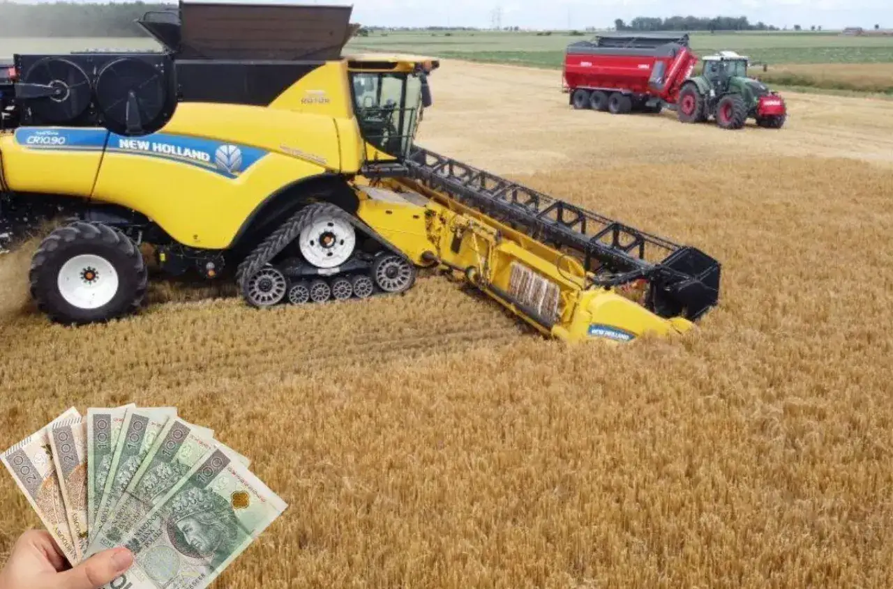 Żółta maszyna kombajnowa zbiera jęczmień na polu. W tle traktor z przyczepą. W ręce polskie banknoty, symbolizujące cenę jęczmienia.