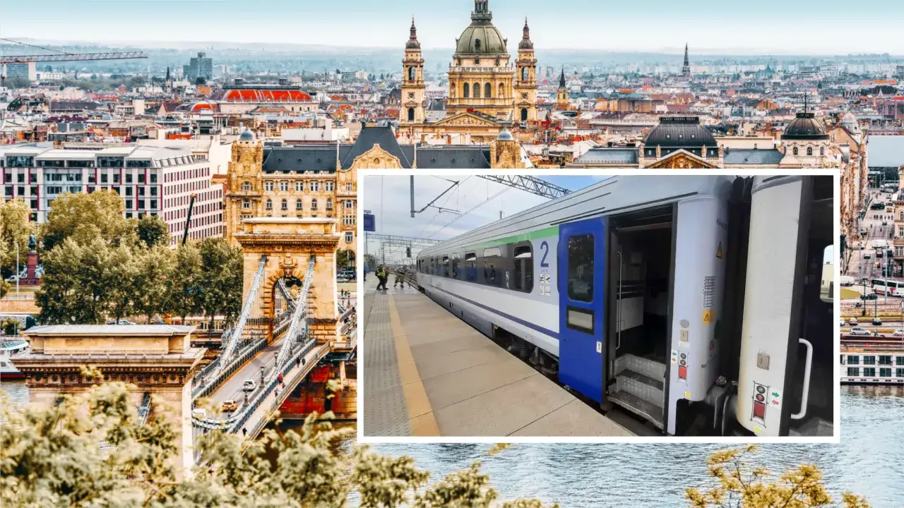 Pociąg Warszawa Budapeszt na tle panoramy Budapesztu z Mostem Łańcuchowym.