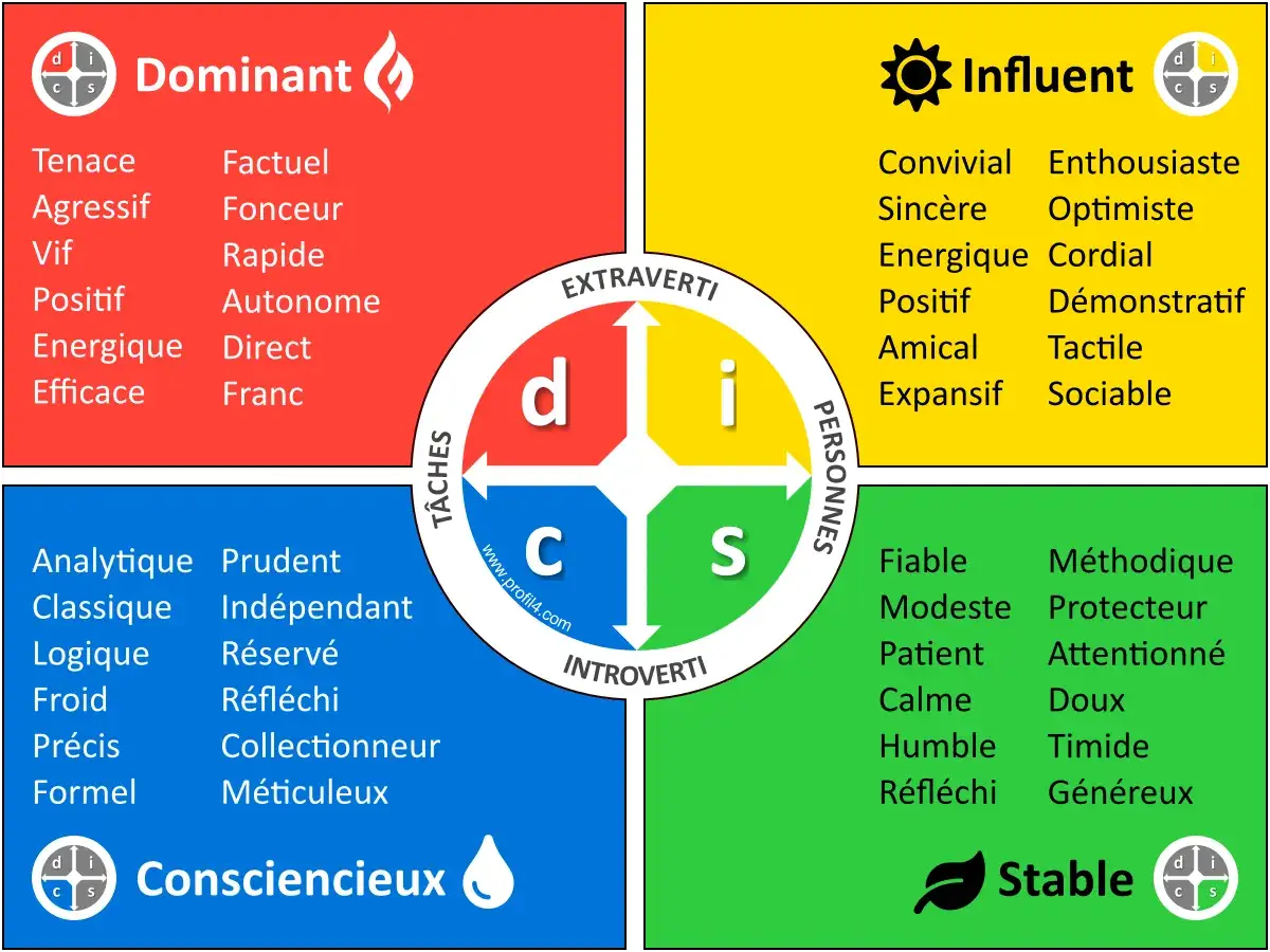 Diagramme DISC : un bilan de personnalité montrant les profils Dominant, Influent, Stable et Consciencieux.