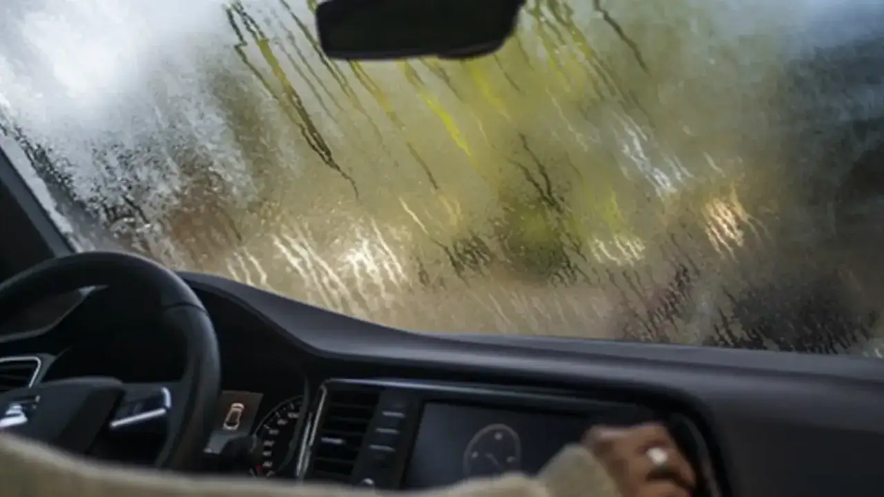 Interior de un coche con el parabrisas empa&ntilde;ado, dificultando la visi&oacute;n. La mano del conductor intenta desempa&ntilde;ar cristales coche.