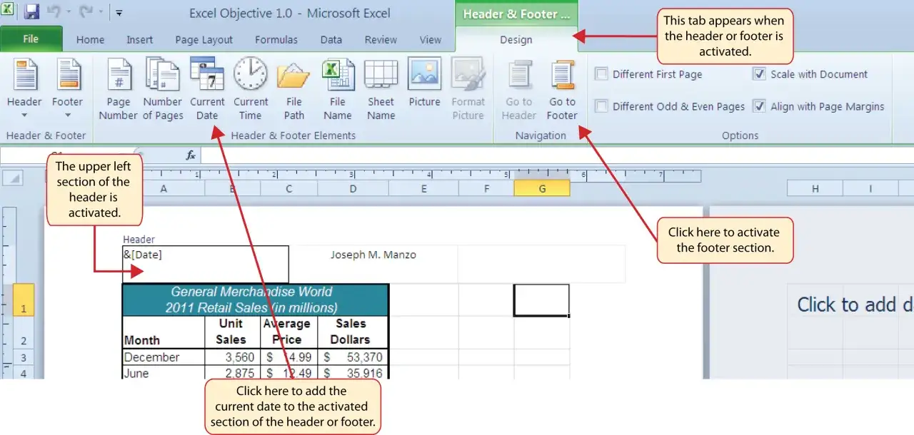 Schermata di Excel con intestazione e pi&egrave; di pagina attivi. La sezione superiore sinistra dell'intestazione &egrave; attiva, con l'opzione per aggiungere la data.