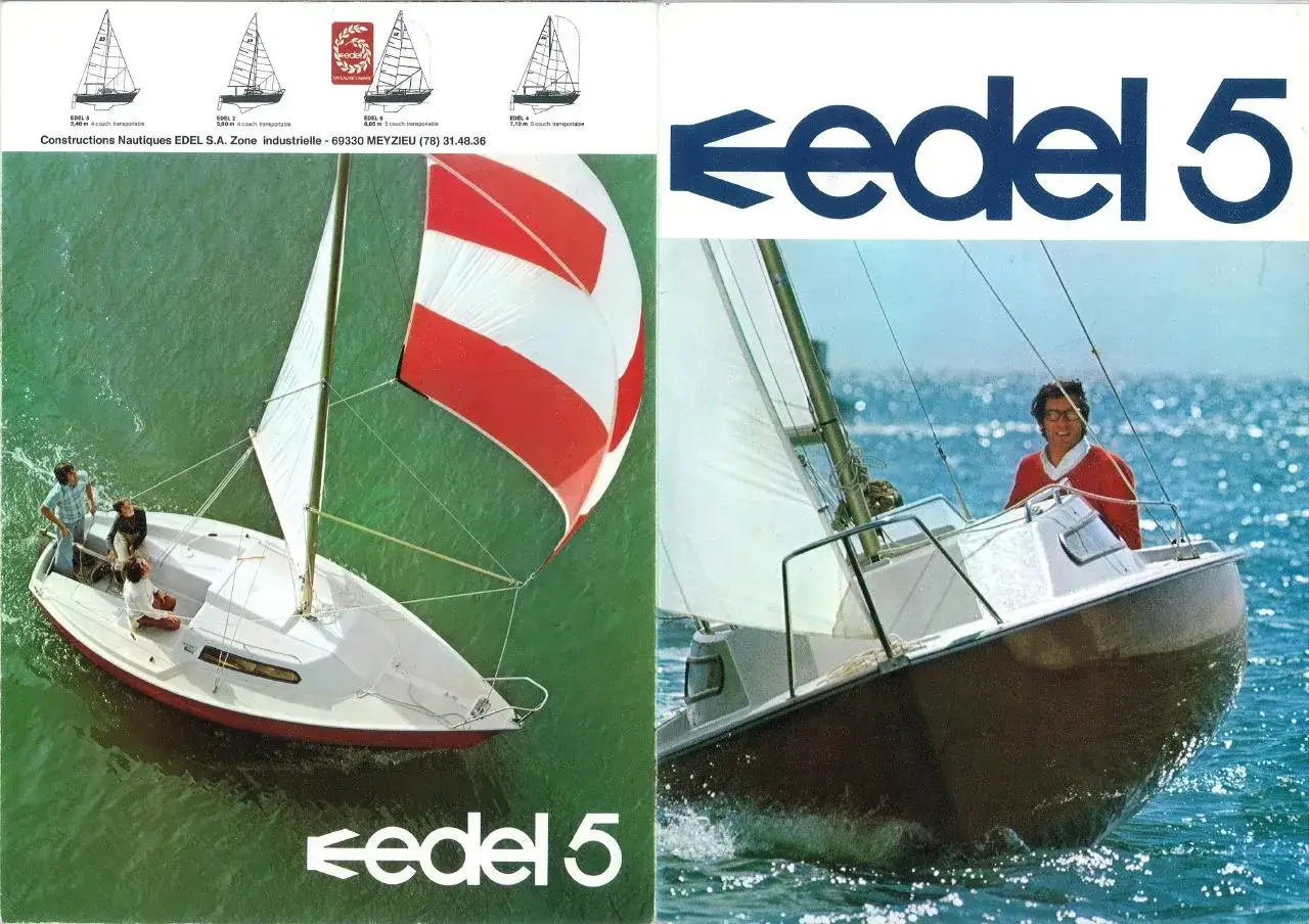 Le voilier Edel 5 navigue sur une mer scintillante, avec un homme souriant au gouvernail. Une autre vue montre le même bateau avec des voiles rouges et blanches, et des passagers à bord.