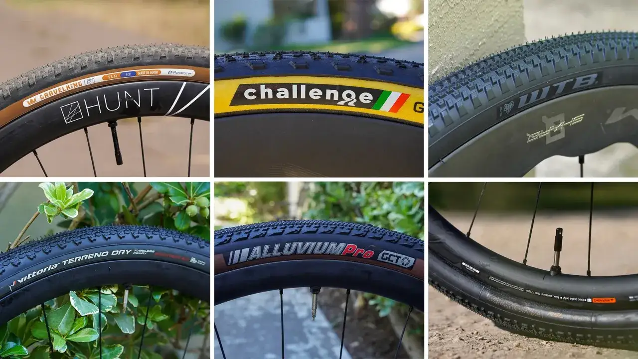 Six close-ups of various road tires on gravel bikes, showcasing brands like Panaracer, Challenge, WTB, and Vittoria.