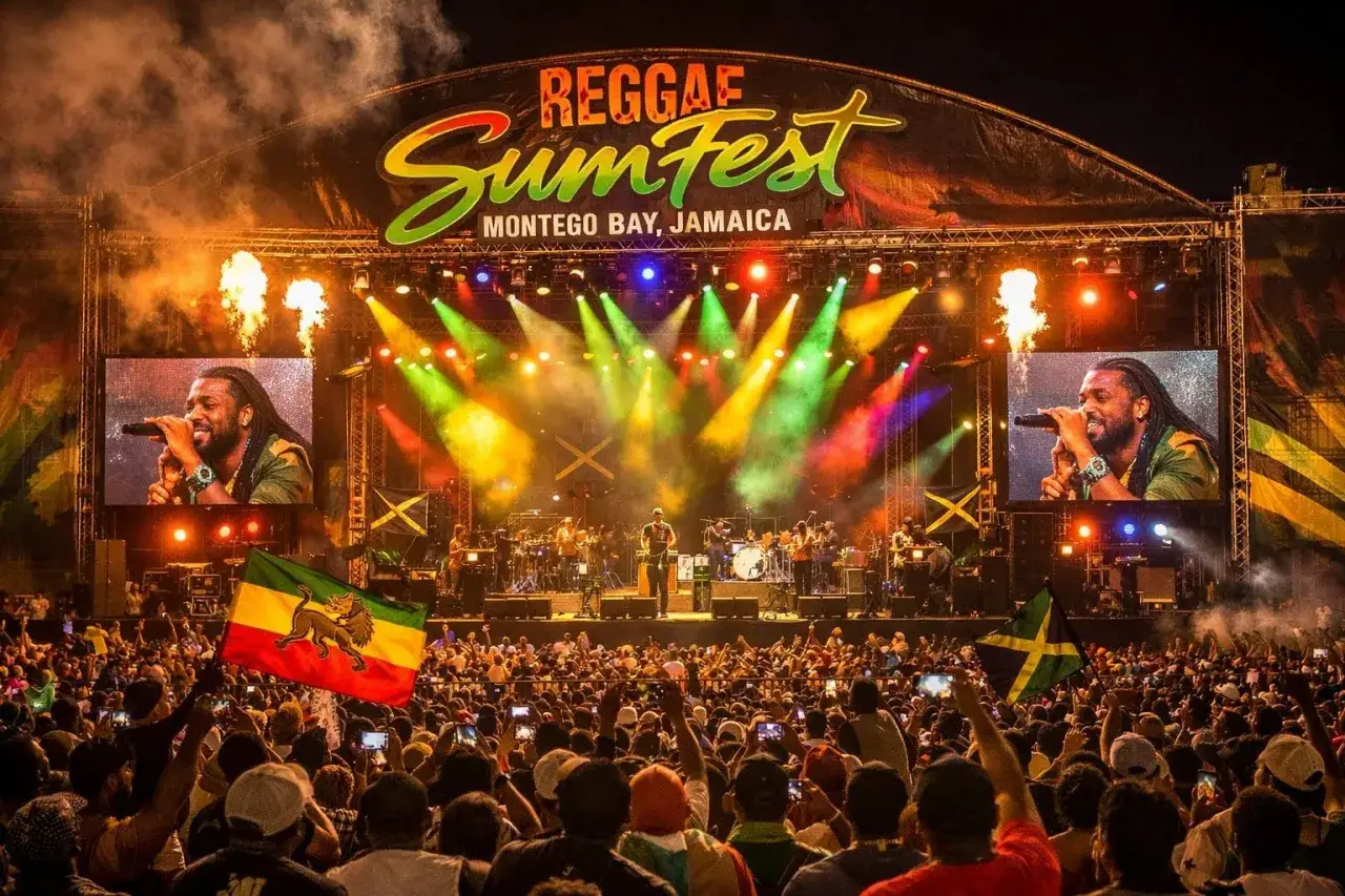 Koncert reggae na Reggae Sumfest w Montego Bay. Na scenie artysta, tłum świętuje.