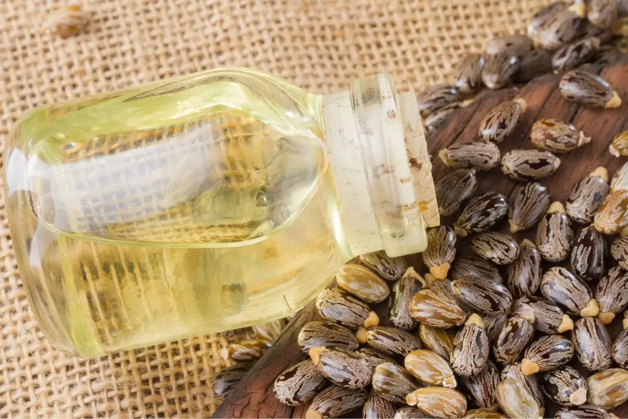 Aceite de ricino para manchas de la cara, junto a sus semillas. Un remedio natural para la piel.
