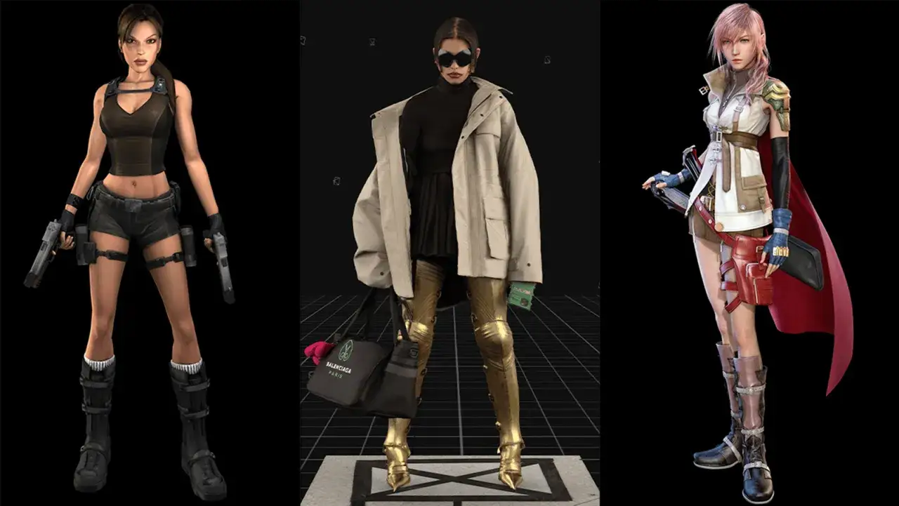 Lara Croft, postać z gry, obok modowej stylizacji i Lightning z Final Fantasy.
