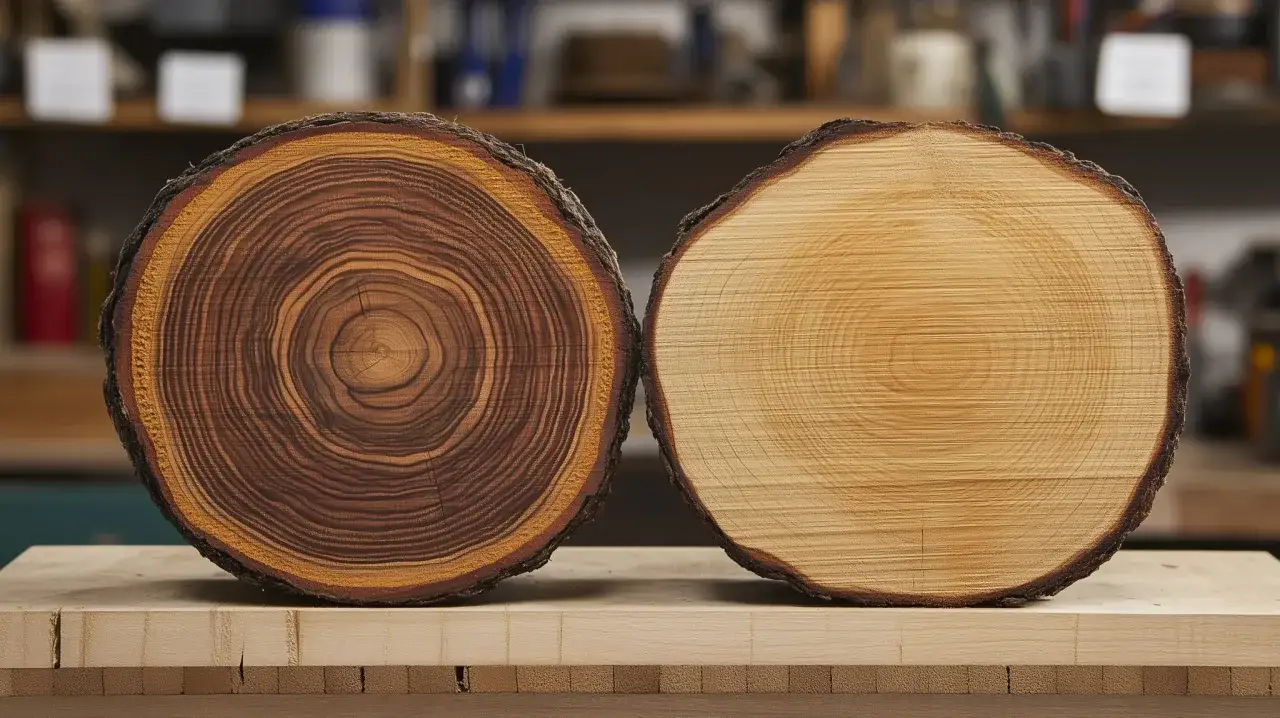 Zwei Baumscheiben, eine dunkel gemasert, die andere hell, liegen nebeneinander. Sie zeigen die Vielfalt der holzarten f&uuml;r einen Tisch.
