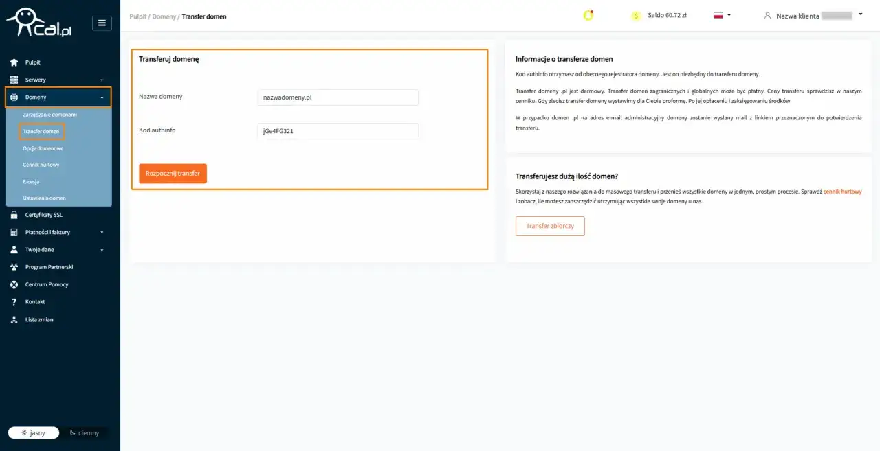Formularz transferu domeny, gdzie wpisano nazwę domeny i kod authinfo. Kliknij