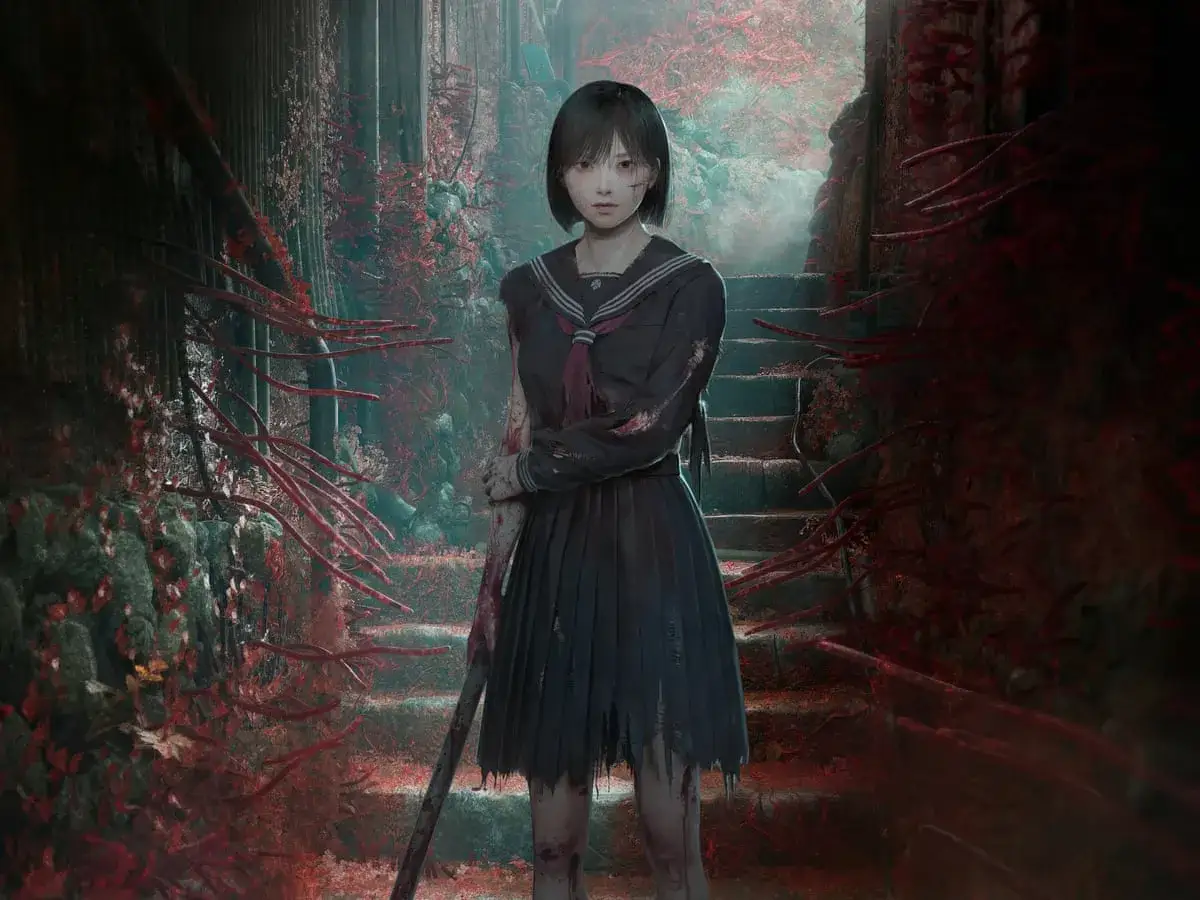 Dziewczyna w szkolnym mundurku, otoczona krwawymi pnączami, stoi na schodach. Atmosfera grozy sugeruje, że to świat z gry Silent Hill F.