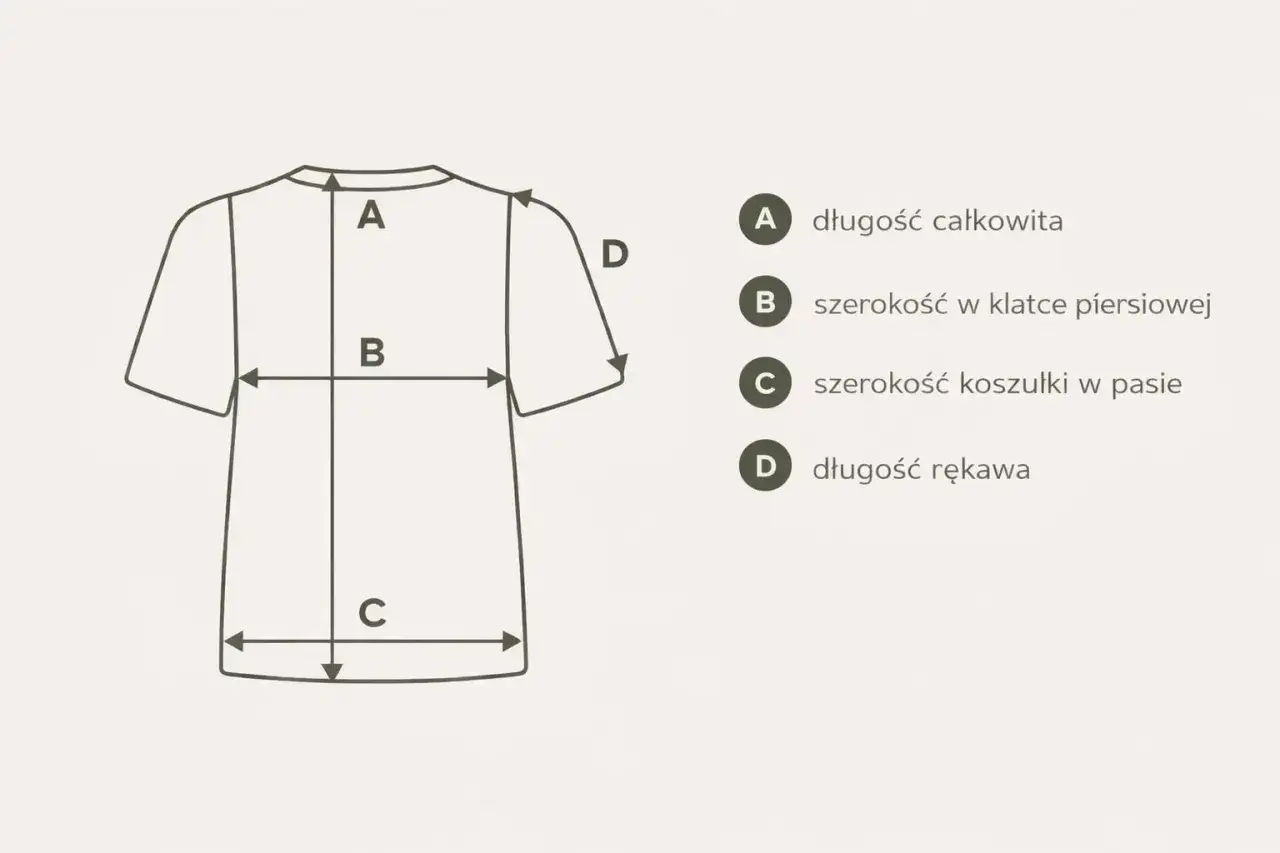 Schemat pokazuje, jak zmierzyć koszulkę: długość całkowita (A), szerokość w klatce (B), szerokość w pasie (C) i długość rękawa (D).