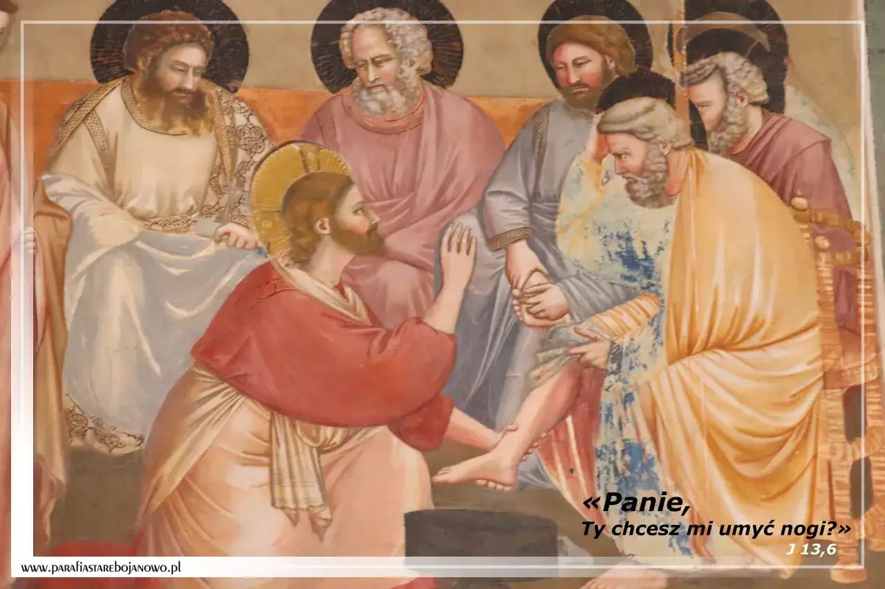 Jezus umywa nogi Piotrowi, ukazując nowe przykazanie miłości. Scena z malowidła, z cytatem 