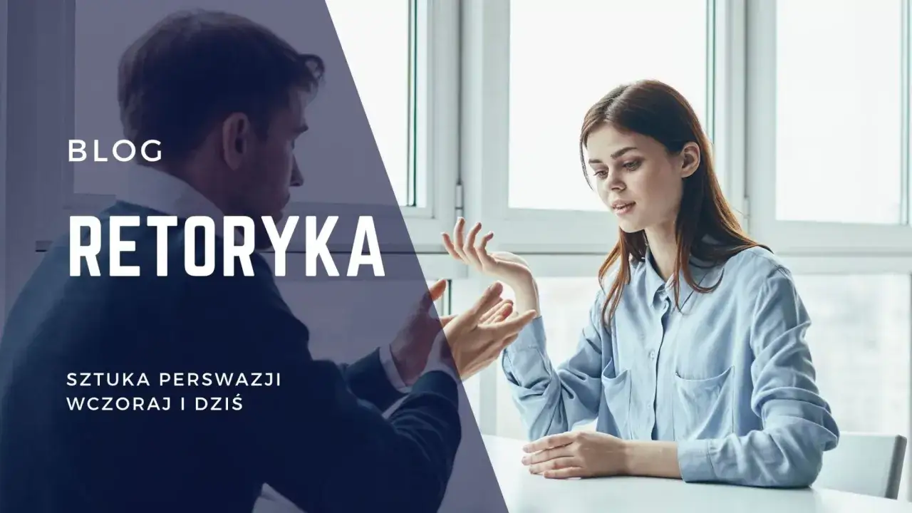 Blog o retoryce: sztuka perswazji wczoraj i dziś. Dwoje ludzi dyskutuje, kobieta gestykuluje.