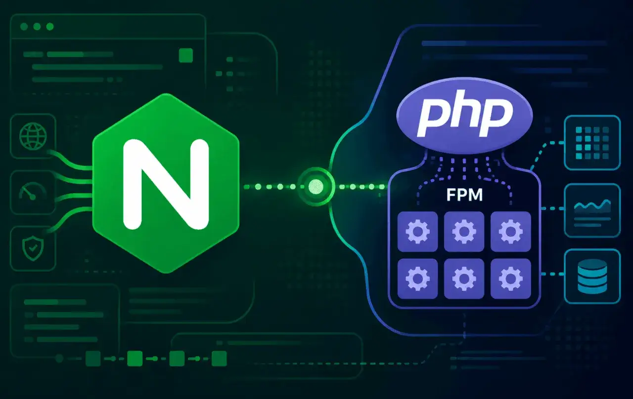 Illustration conceptuelle montrant Nginx communiquant avec PHP-FPM, essentiel pour les applications Laravel.