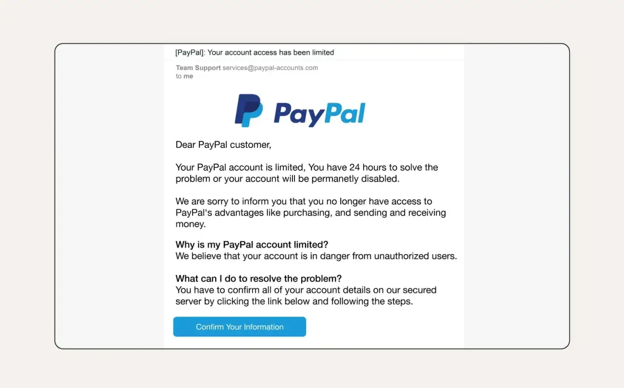 Vorsicht vor diesem PayPal-Betrug! Eine E-Mail warnt vor Kontosperrung und fordert zur Bestätigung von Daten auf.