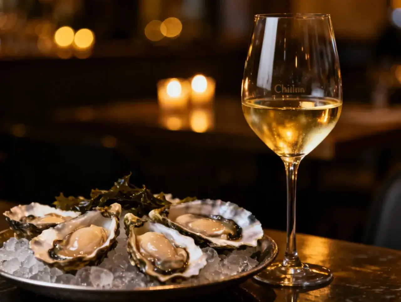 Un verre de vin blanc, le meilleur vin blanc pour fruits de mer, accompagne des hu&icirc;tres fra&icirc;ches sur un lit de glace.