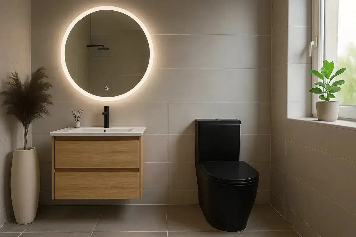 Salle de bain moderne avec un meuble vasque en bois, un miroir rond lumineux et des toilettes noires &eacute;l&eacute;gantes.