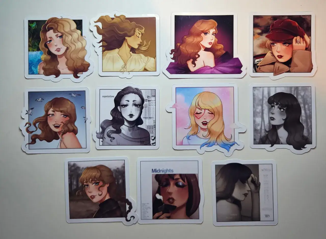 Ilustracje inspirowane taylor swift dyskografia. Wizerunki artystki w różnych stylach, od baśniowych po mroczne.