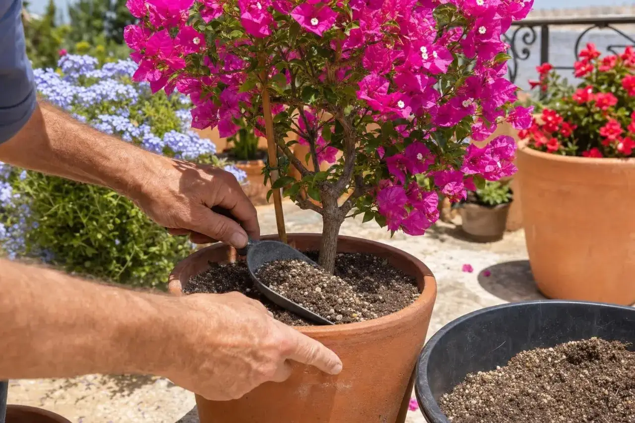 Un homme ajoute du terreau &agrave; un bougainvillier en pot, un geste essentiel pour son entretien.