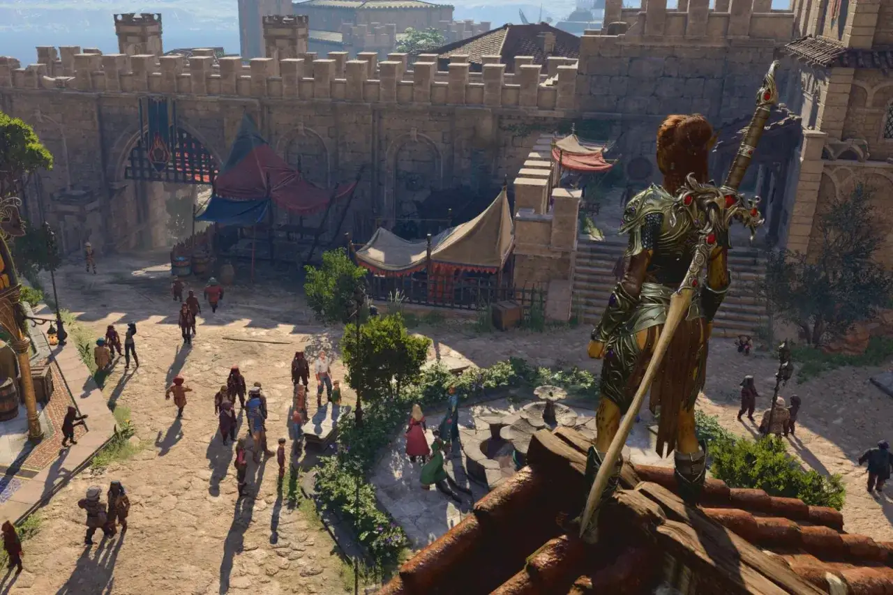 Postać w zbroi z mieczem na dachu, obserwująca rynek w mieście. Premiera Baldur's Gate 3 zapowiada się epicko!