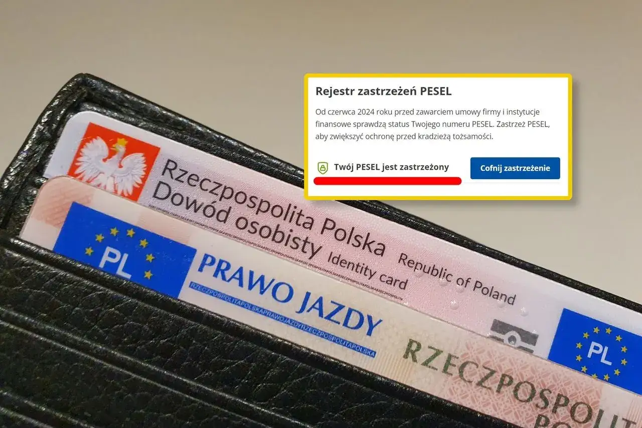 Portfel z dokumentami: dowód osobisty i prawo jazdy. Żółty pasek informuje: