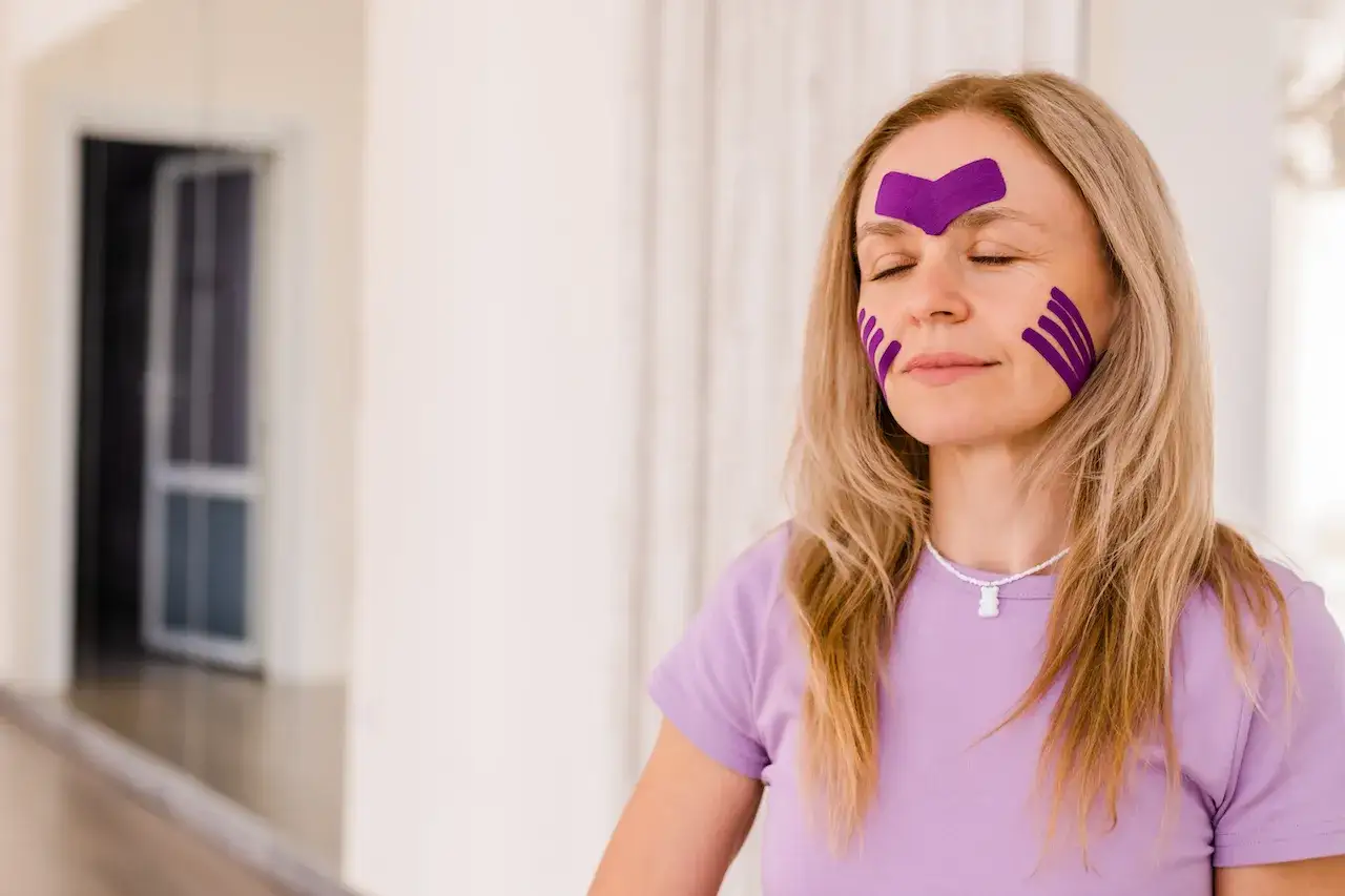 Kobieta z fioletowymi plastrami na twarzy, stosuje taping twarzy instrukcja.