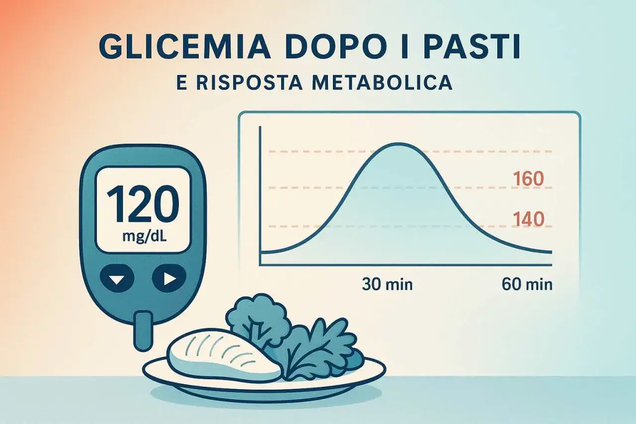 Glicemia 170 dopo mangiato: un grafico mostra l'aumento e il calo della glicemia, con un glucometro che segna 120 mg/dL.