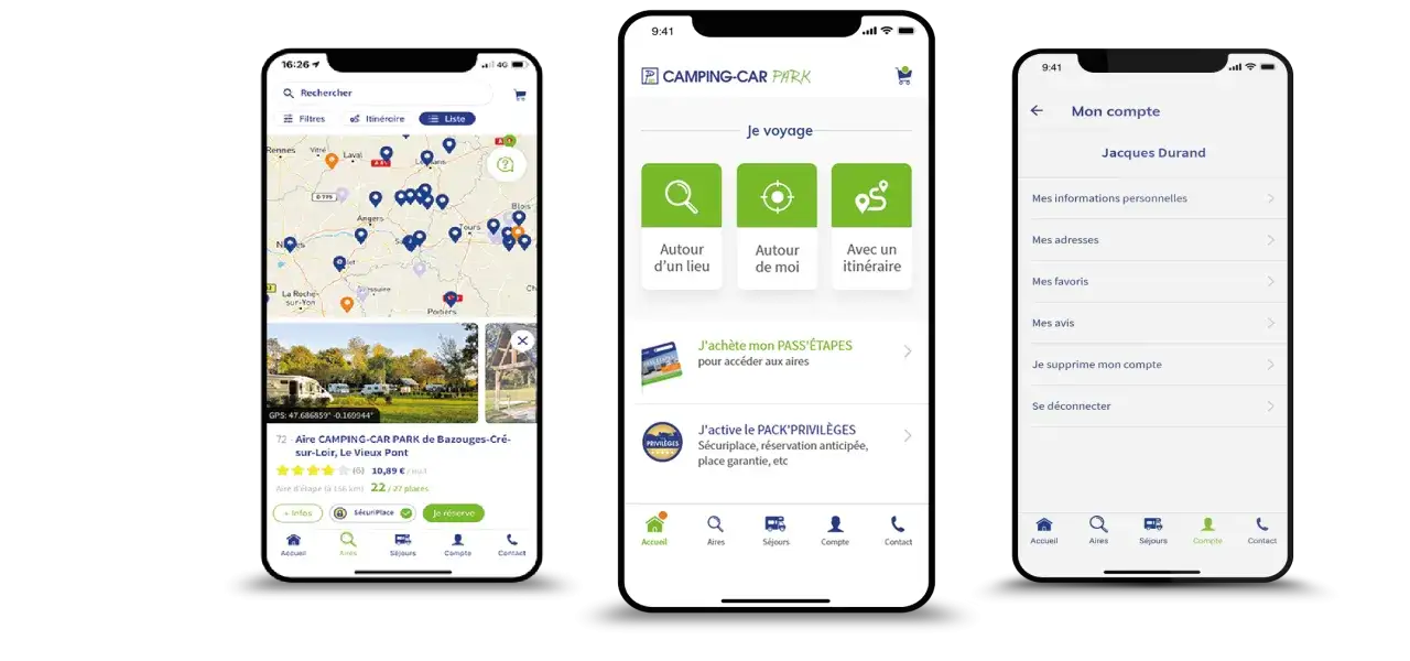 Application spot camping car : carte interactive pour trouver des aires, gérer son compte et réserver.
