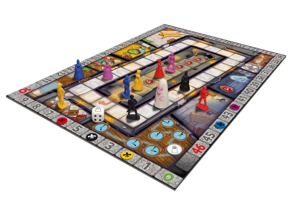 Buntes Brettspiel mit Geisterfiguren und W&uuml;rfel. Ein Spieler versucht, im 