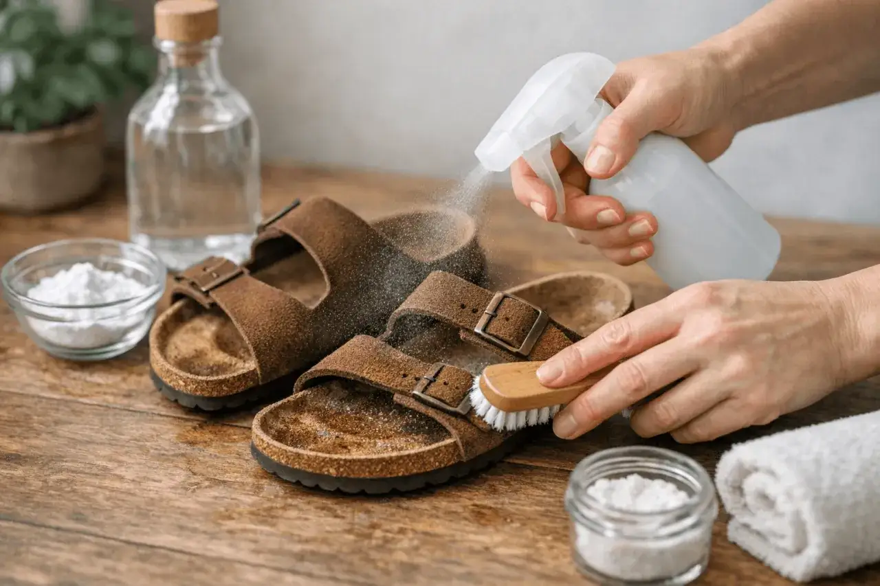 Czyszczenie Birkenstock sodą oczyszczoną. Ręce spryskują sandały płynem i szczotkują, obok soda i butelka z płynem.