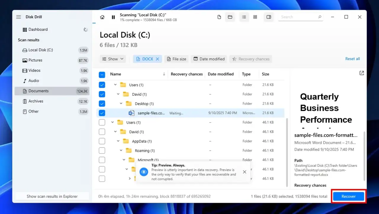 Program Disk Drill skanuje dysk C, pokazując, jak odzyskać niezapisany plik Word. Widoczny jest plik .docx i przycisk