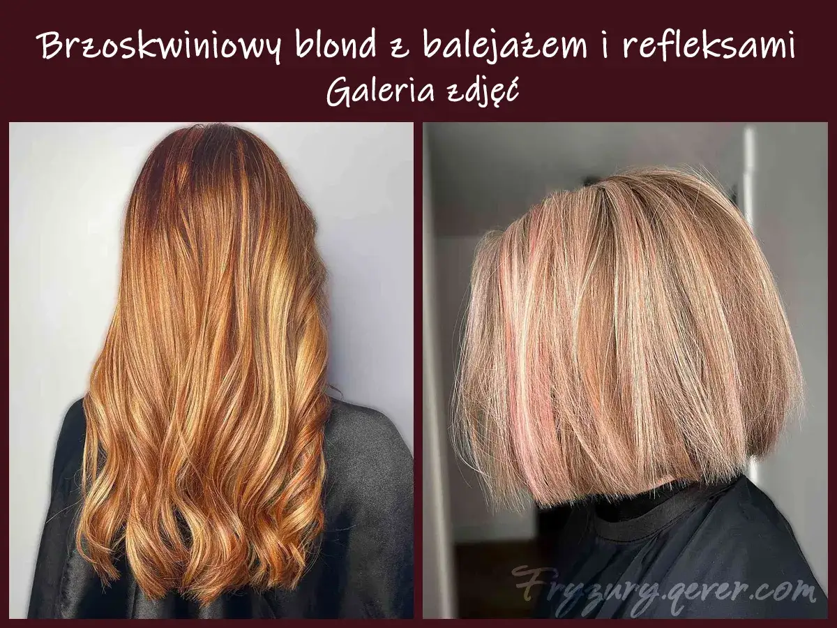Długie i krótkie włosy w odcieniach brzoskwiniowego blondu z subtelnymi refleksami i balejażem.