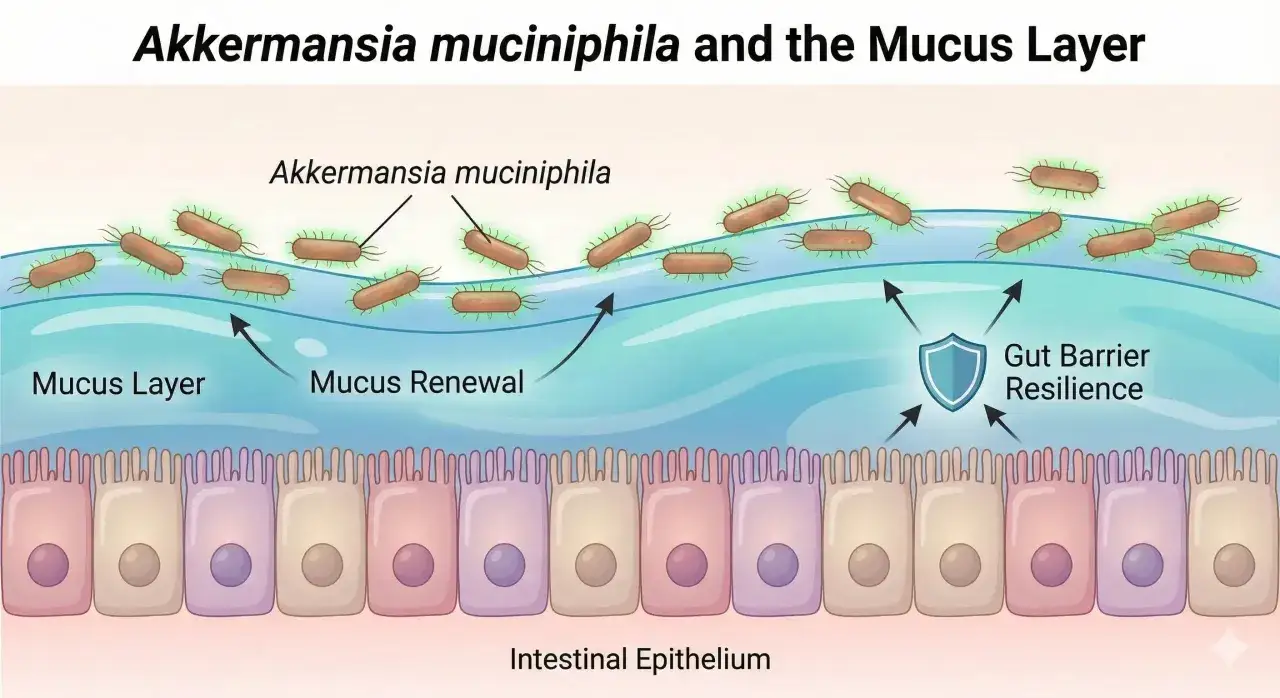 Akkermansia muciniphila, parte della flora batterica intestinale, vive nello strato di muco, contribuendo alla resilienza della barriera intestinale.