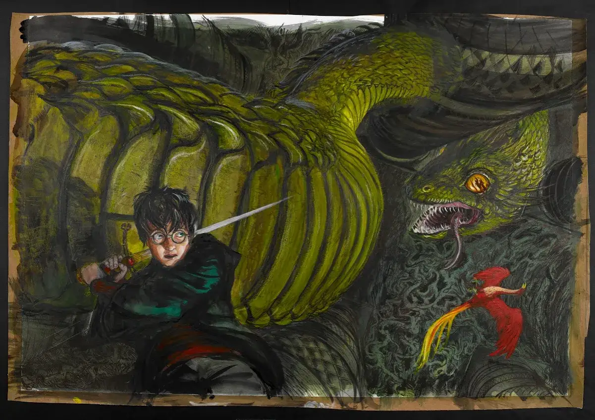 Harry Potter z Mieczem Gryffindoru walczy z Bazyliszkiem. W tle Feniks. Kluczowa scena z