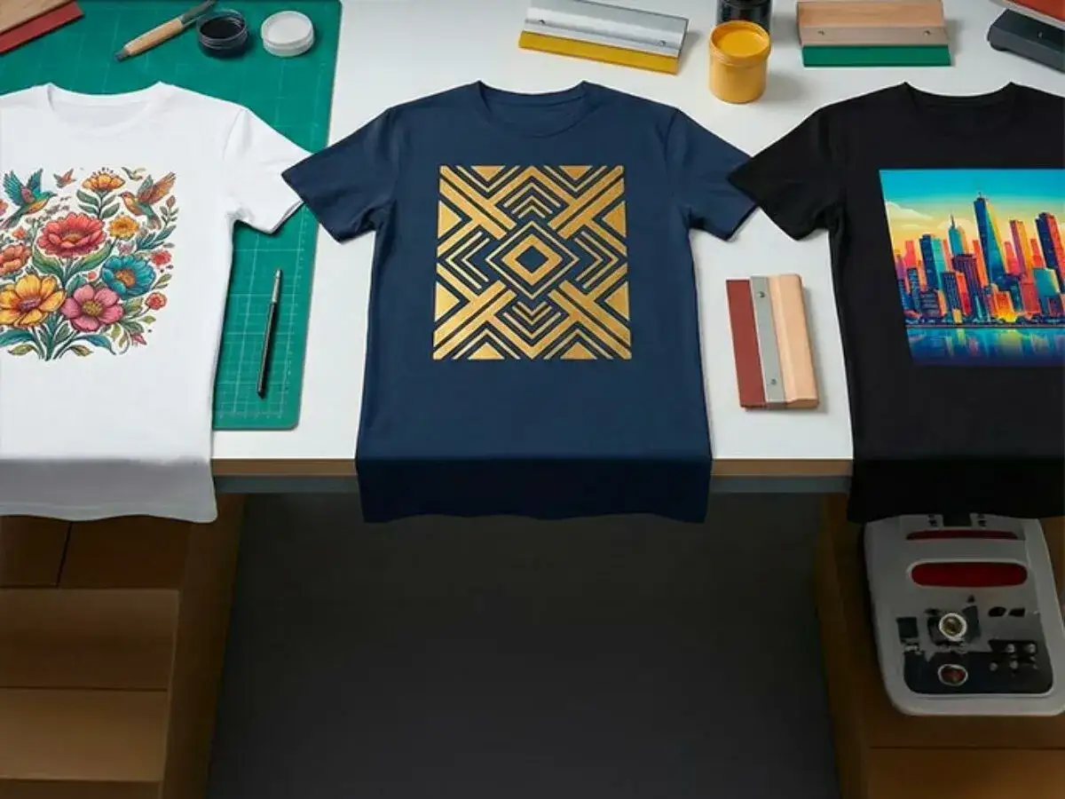 Trois t-shirts : un blanc avec des fleurs et oiseaux, un bleu marine avec un motif géométrique doré, et un noir avec une ville colorée. Outils de sérigraphie ou flocage à proximité.