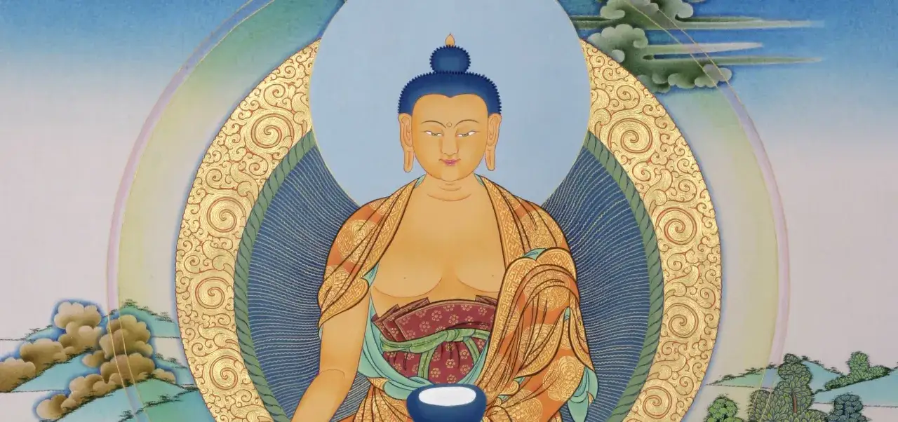 Budda w filmie, siedzący w medytacji, otoczony złotym mandalą i tęczą.